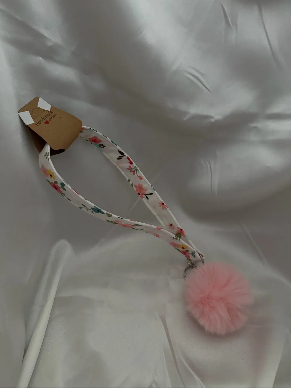 Handmade Pink and White Floral Wristlet Keychain with Light Pink Pompom